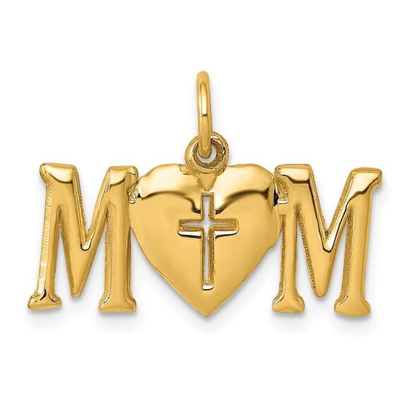 14k Yellow Gold Mom with Cross Charm or Pendant 22mm
